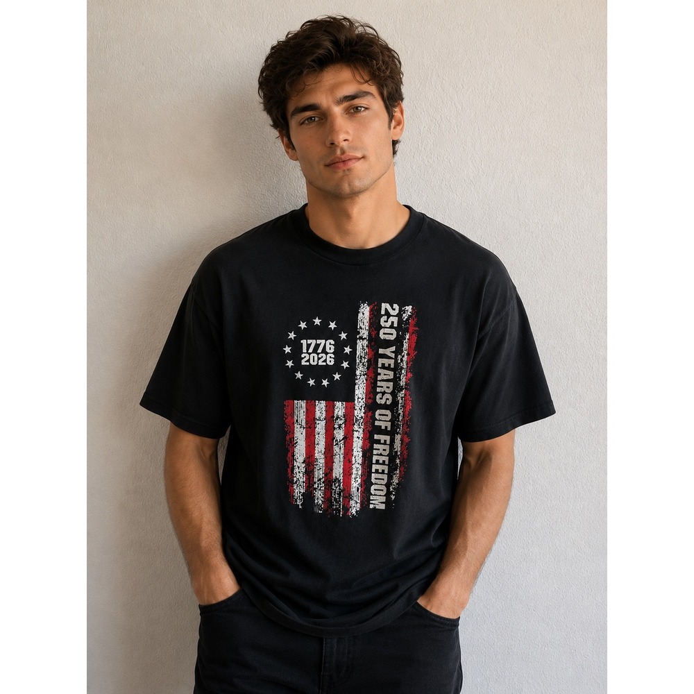 Gildan 250 Years of Freedom 1776-2026 USA Flag Graphic‎ T-Shirt Mens 2XL Black